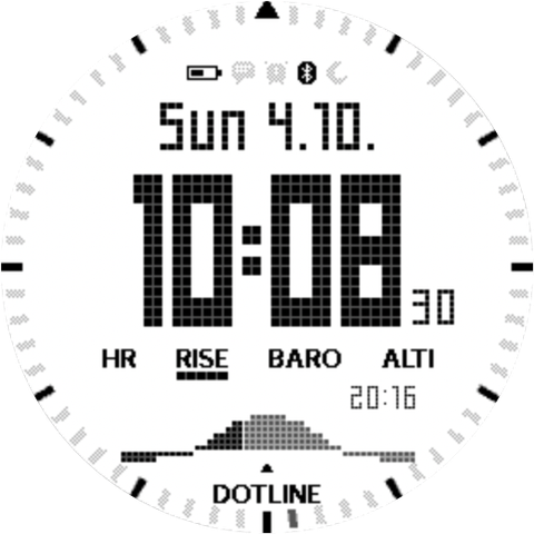 DOTLINE watch face: large dot-matrix 10:08 on a light background, with a sunrise and sunset chart