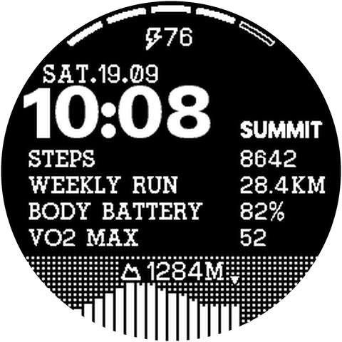 SUMMIT with PRO options: dark theme, custom data rows and an elevation history chart