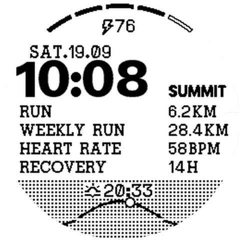 SUMMIT watch face: 10:08, four data rows and a sunrise curve